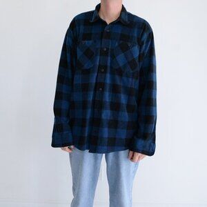 Vintage TNL Mode Blue Black Checker Fleece Button Up Outdoor Thick  Shirt XL